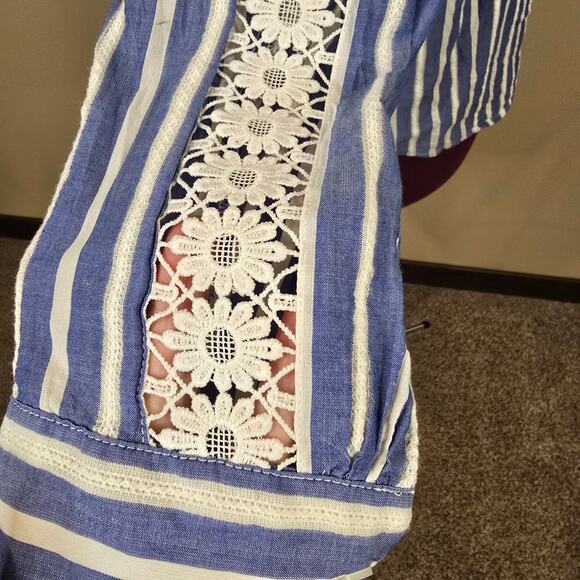 Women's Talbots Blue Striped Blouse w/ Crochet Detail | Size XL Petite - Picture 6 of 11